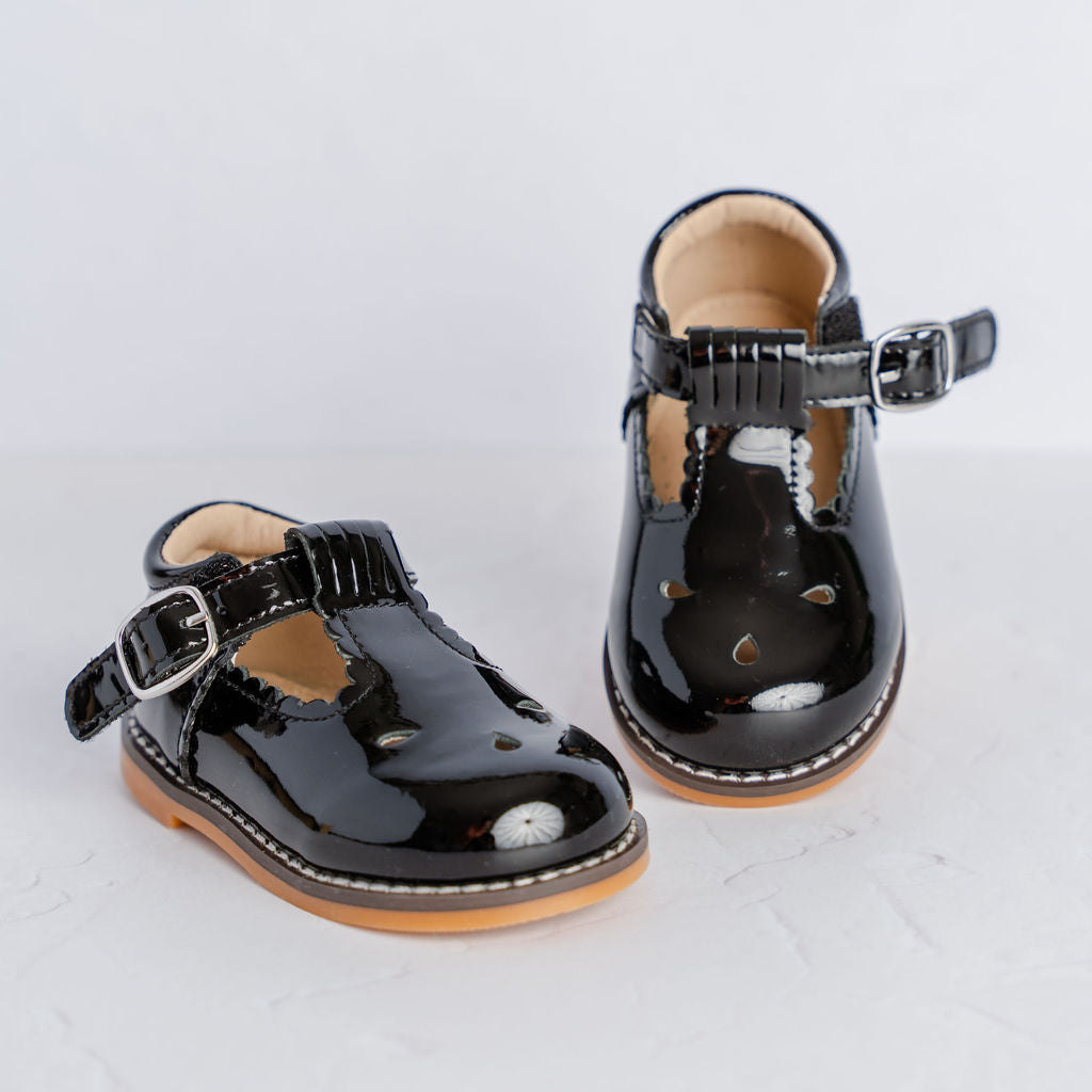 Scallop T Bars (Velcro) - Black Patent (Pre Order)
