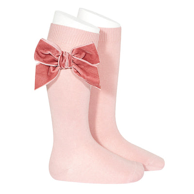 Velvet Bow Knee High Socks - Pale Pink