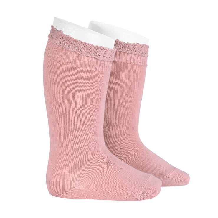 Condor Lace Edging Knee Socks - Pale Pink