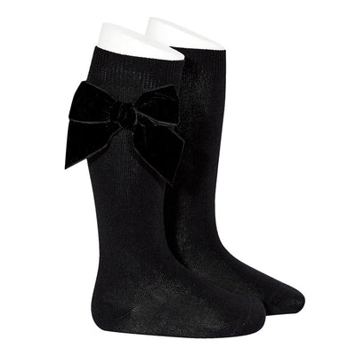 Velvet Bow Knee High Socks - Black