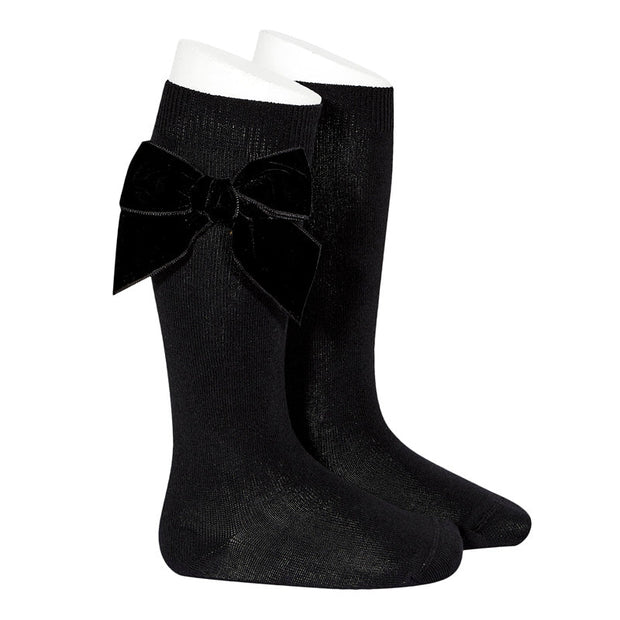 Velvet Bow Knee High Socks - Black