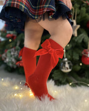 Velvet Bow Knee High Socks - Red