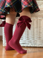 Velvet Bow Knee High Socks -Garnet