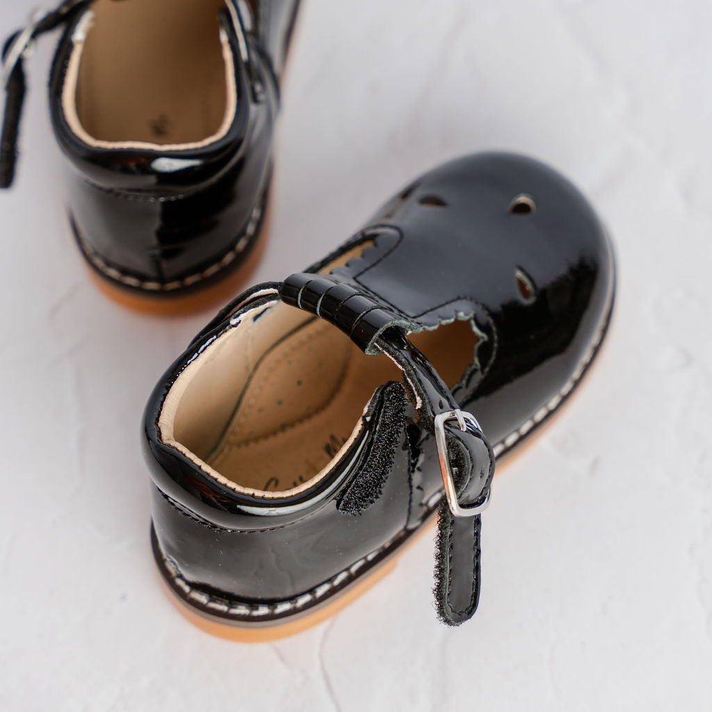 Scallop T Bars (Velcro) - Black Patent (Pre Order)