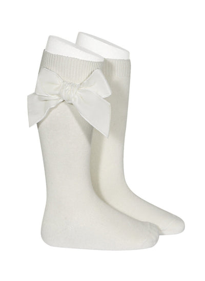 Velvet Bow Knee High Socks - Beige