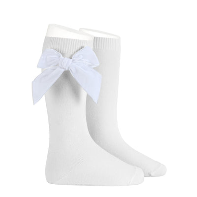 Velvet Bow Knee High Socks - White