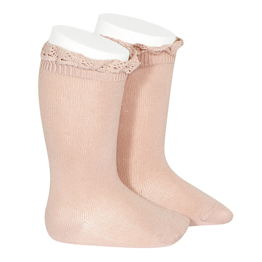 Condor Lace Edging Knee Socks - Old Rose